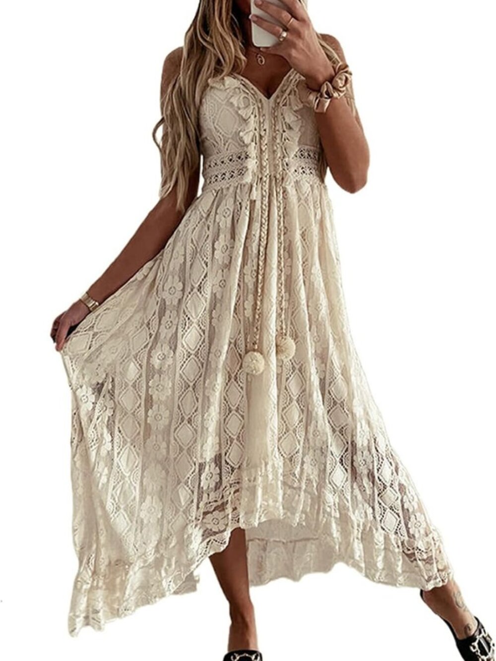 Boho Lace Maxi Midi Dress - Sexy V-Neck, Sleeveless, Backless, Beachy Ruffle